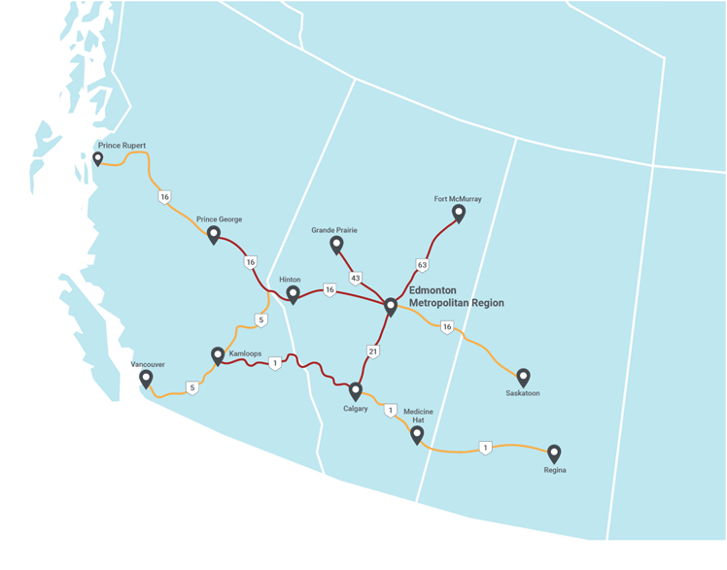 Alberta corridors for FCE trucks map