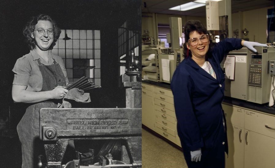 During WWII in the United States, many women like Claire Frank (pictured left) went to work to perform jobs traditionally reserved for men at Mobil Factories